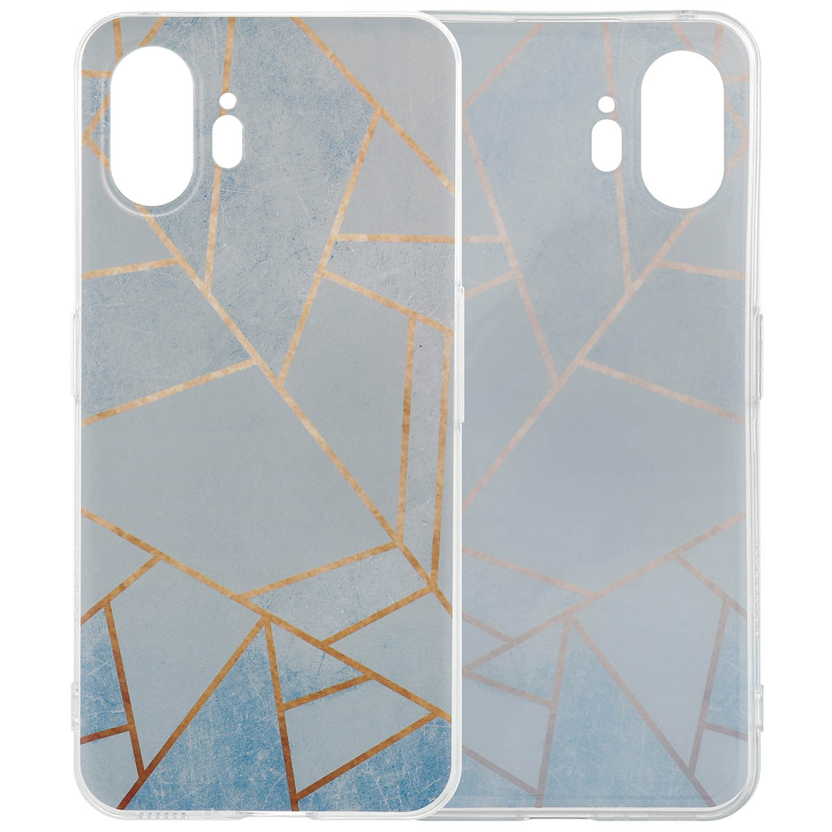Transparante telefoonhoes met een geometrisch patroon. Gouden lijnen op een blauwe achtergrond, twee hoesjes.