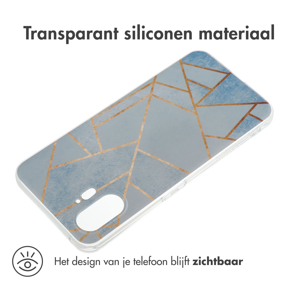 Telefoonhoesje met een blauw en goud design. Tekst: Het design van je telefoon blijft zichtbaar.