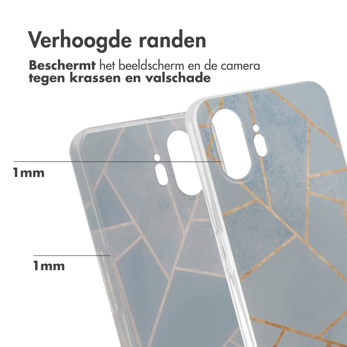 Telefoonhoesje met geometrisch ontwerp, toont de randen en de dikte van de hoes.