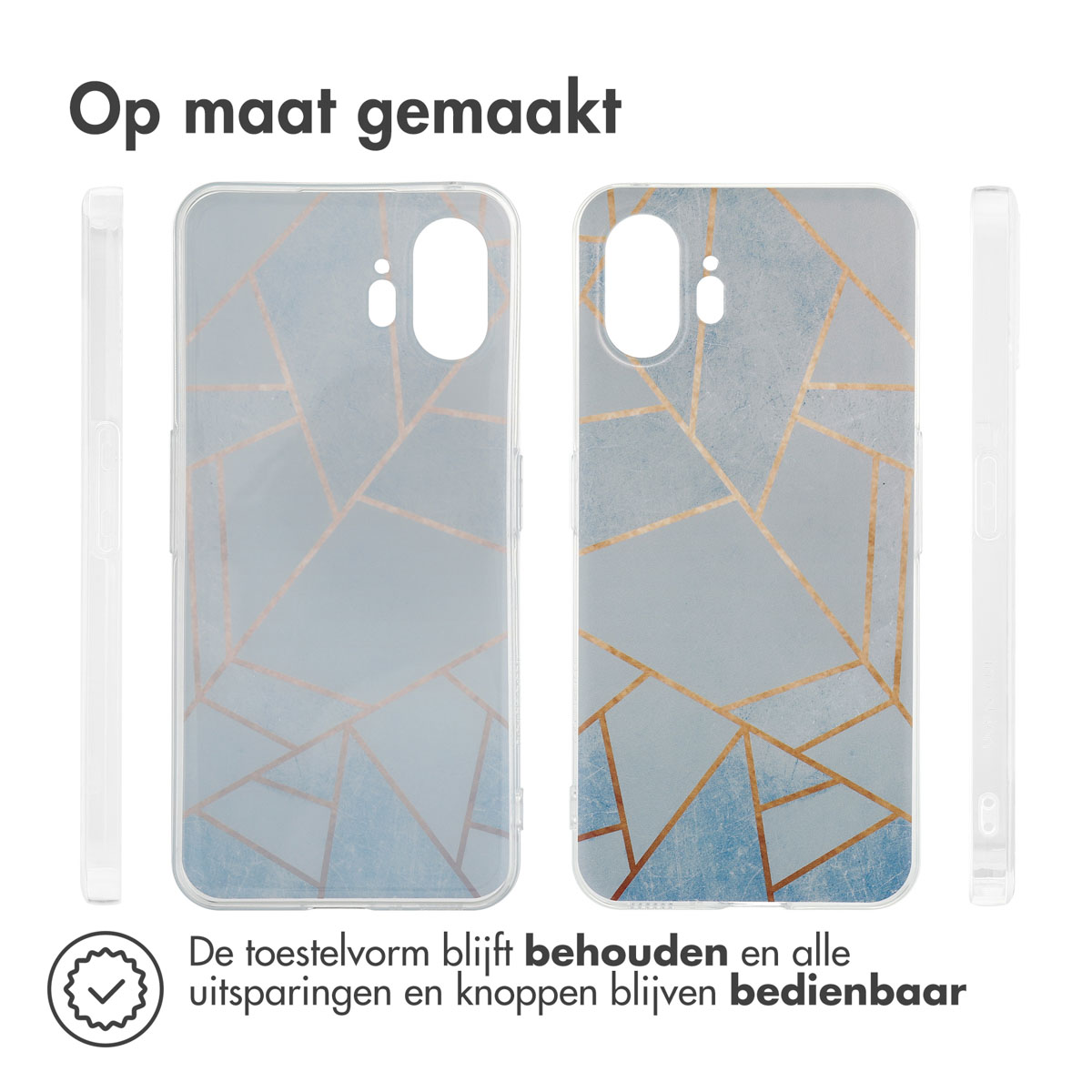 Telefoon in hoesje. De hoes heeft een blauw en goud geometrisch patroon. Het staat op een witte achtergrond.