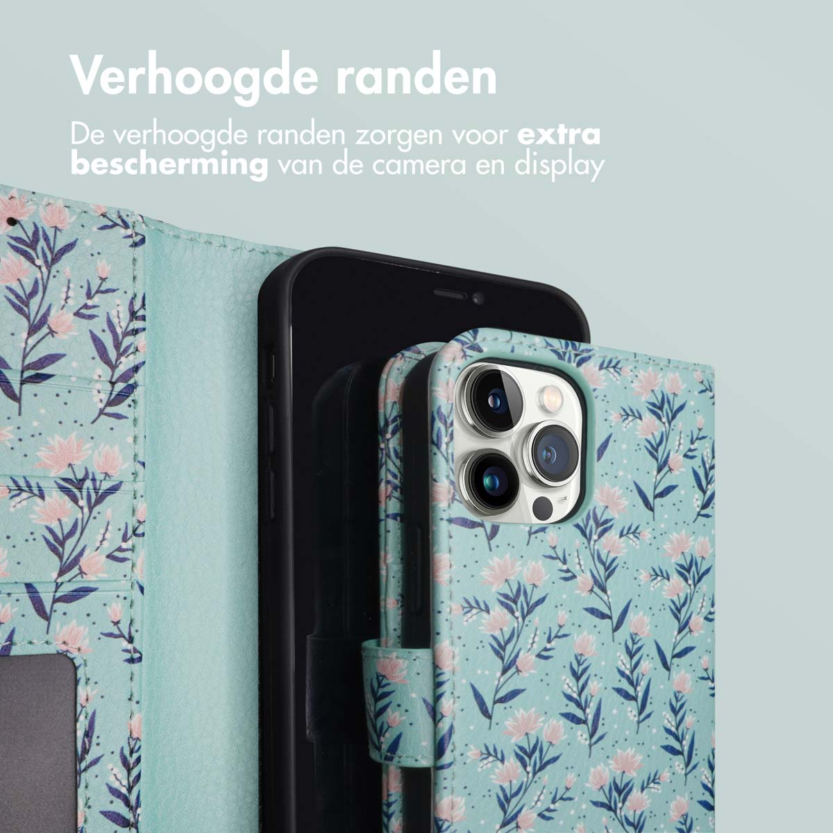 Telefoon in een hoesje. De hoes heeft een bloemenpatroon. Tekst: Verhoogde randen bieden extra bescherming.