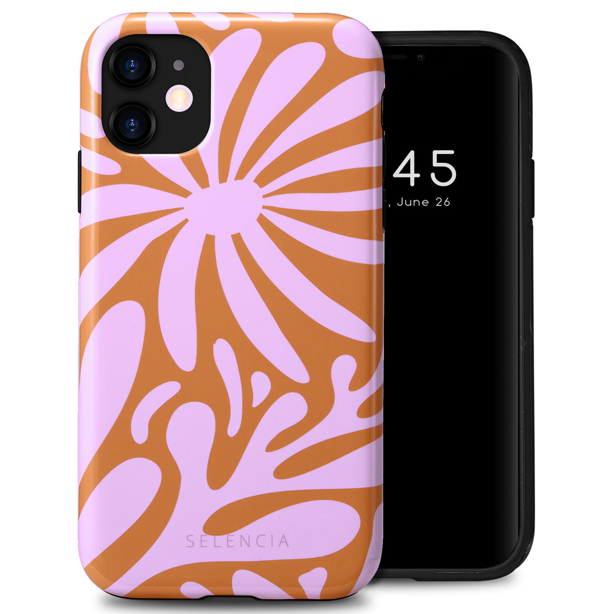 Coque de téléphone avec motif floral orange et rose. Le téléphone est noir, avec un écran noir.