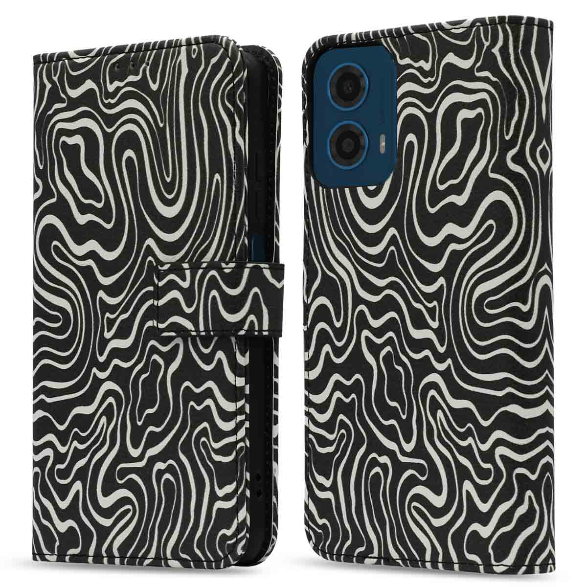 Zwart-witte golvende telefoonhoes, open. Het patroon is een zebra-achtig design.