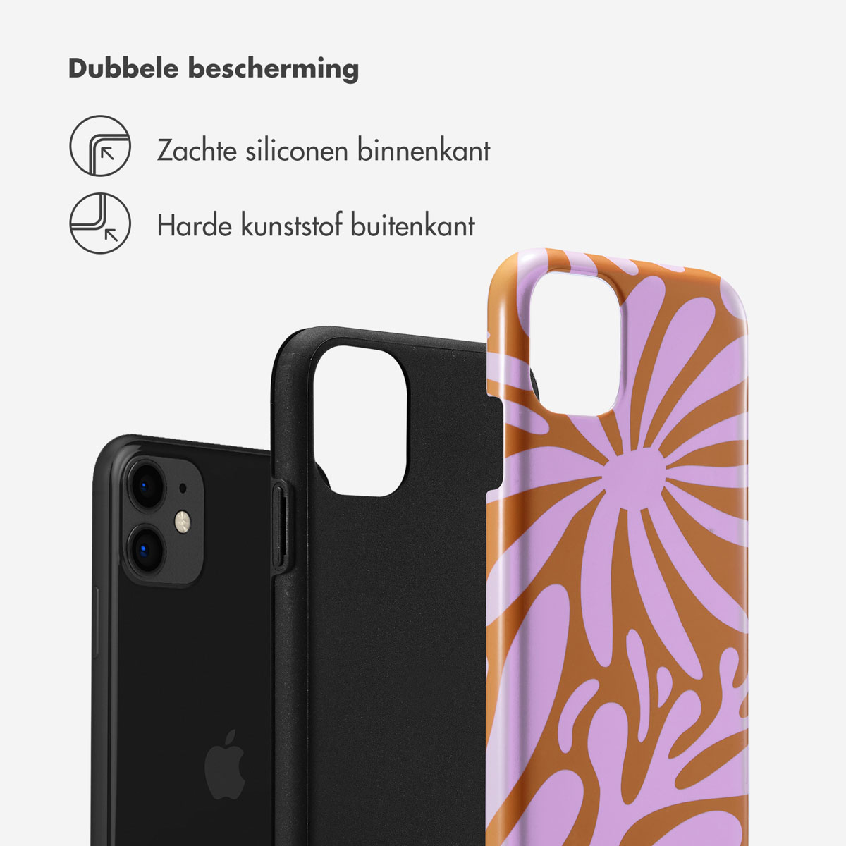 Coque de téléphone avec un design rose et marron. L'intérieur est noir, l'extérieur est orange.