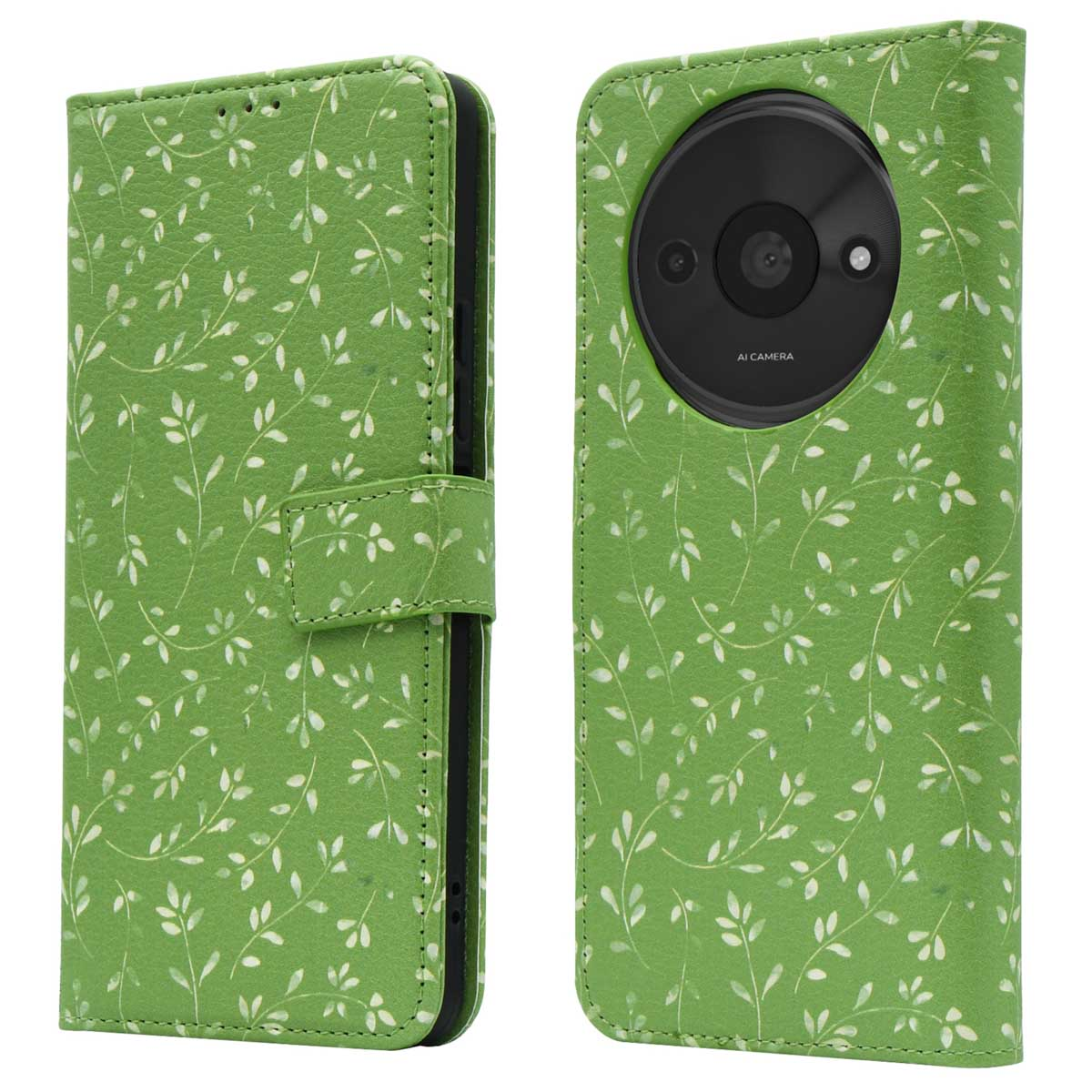 Groene telefoonhoes met bloemenpatroon. Twee zijden zichtbaar.