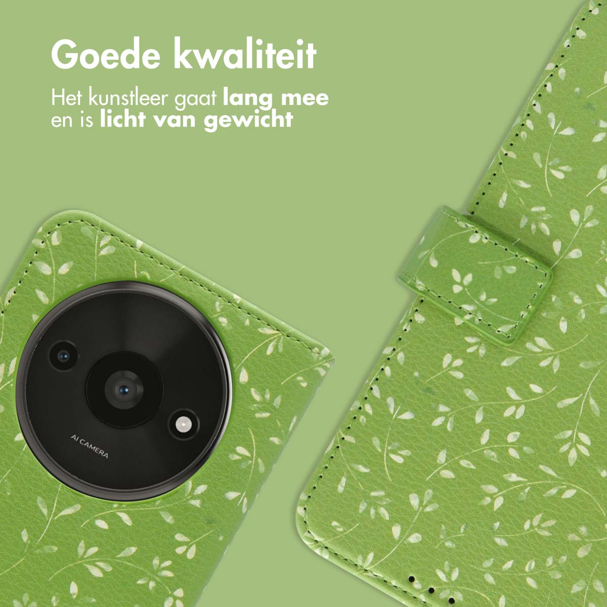 Groene telefoonhoes met bladerdesign. Tekst: Goede kwaliteit.