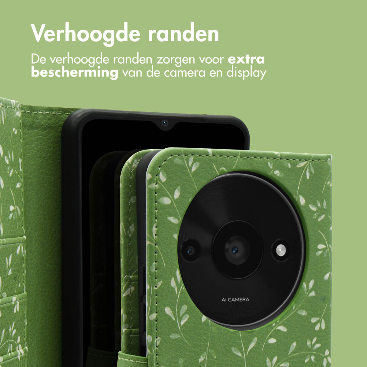 Groene telefoonhoes met een telefoon. De telefoon zit in de hoes. De achtergrond is groen.