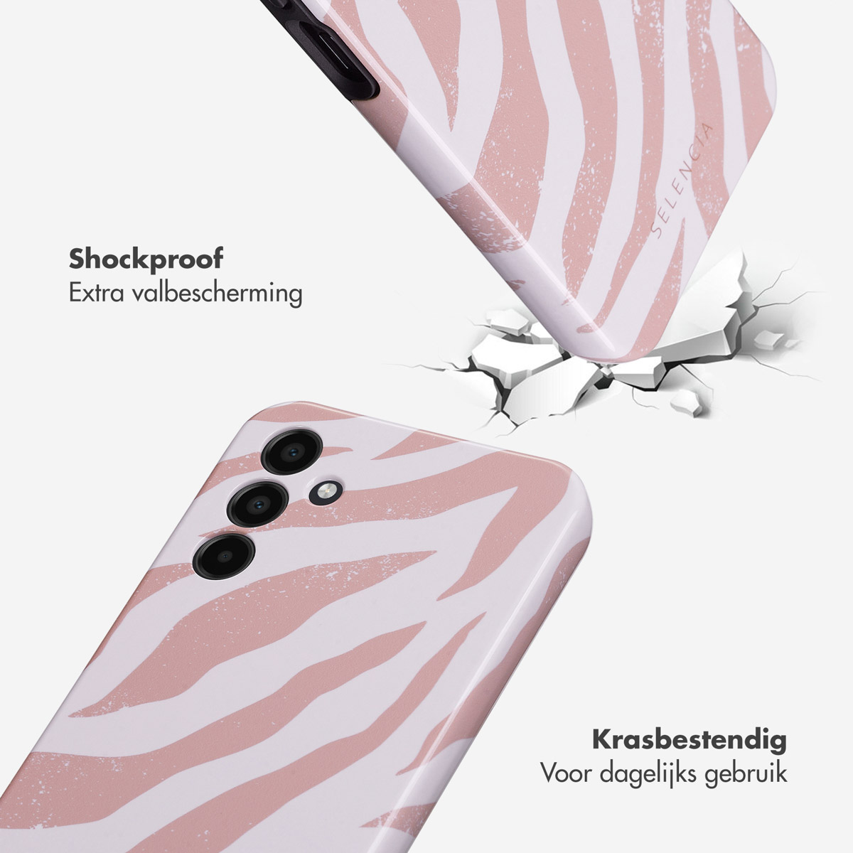 Telefoonhoesje met zebraprint, gebarsten oppervlak. Tekst: Schokbestendig.