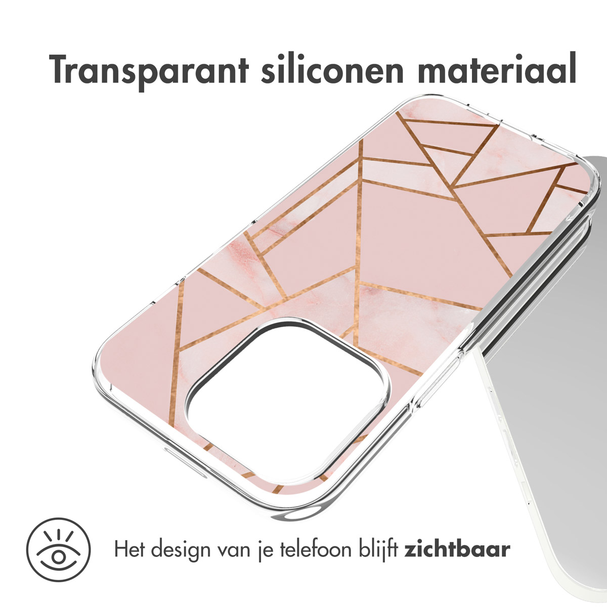 Una custodia per telefono con un design geometrico rosa e oro su sfondo bianco.