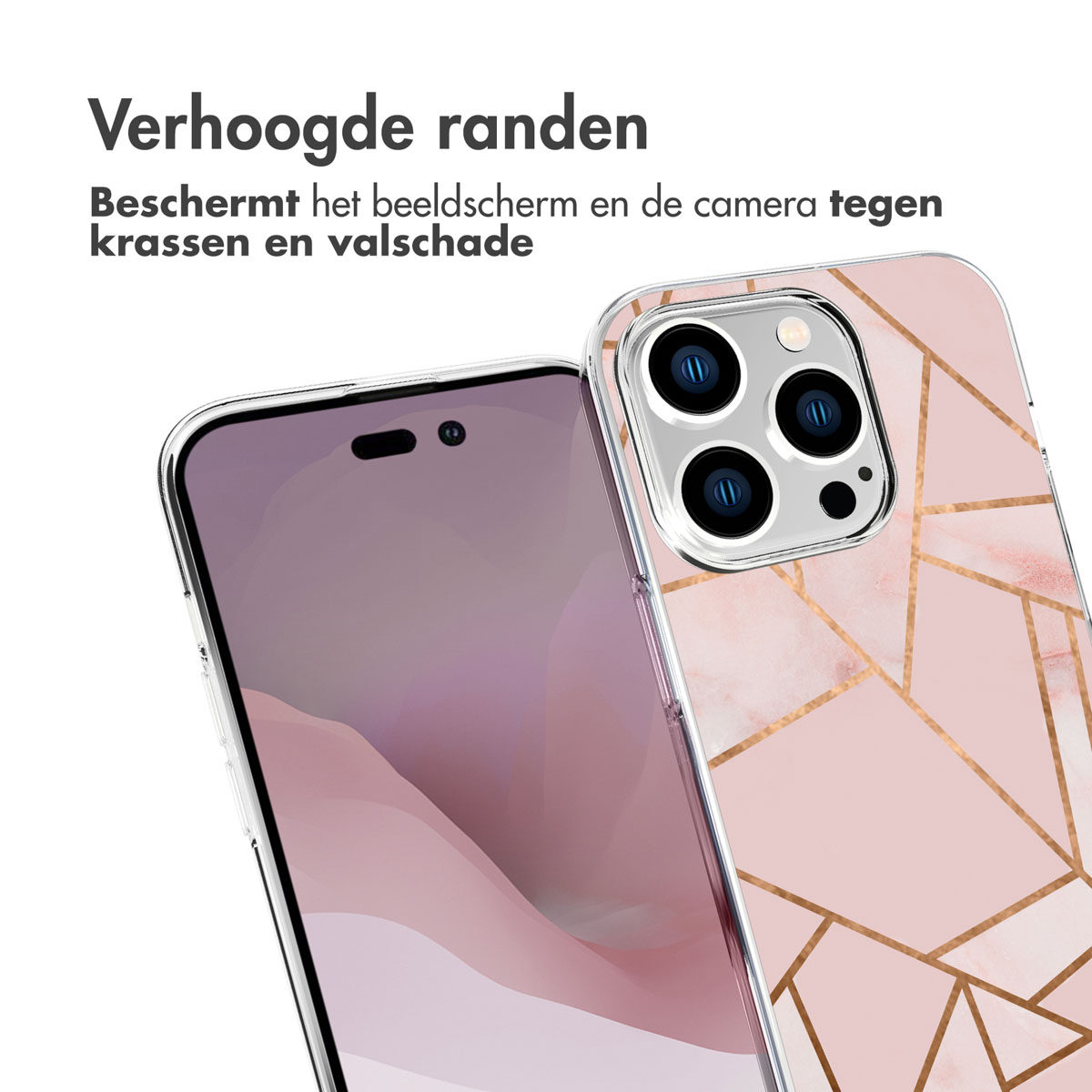Custodia per telefono con design geometrico rosa e oro. La protezione dello schermo è applicata.