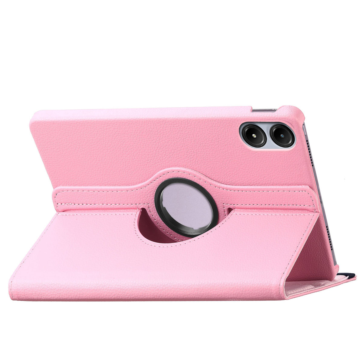 Roze telefoonhoes met een draaibare standaard. Witte achtergrond.