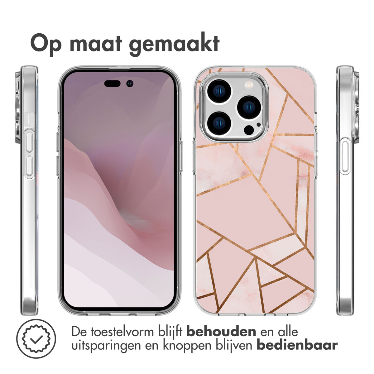 Telefono con custodia a motivi geometrici rosa e oro, con viste laterali della custodia.