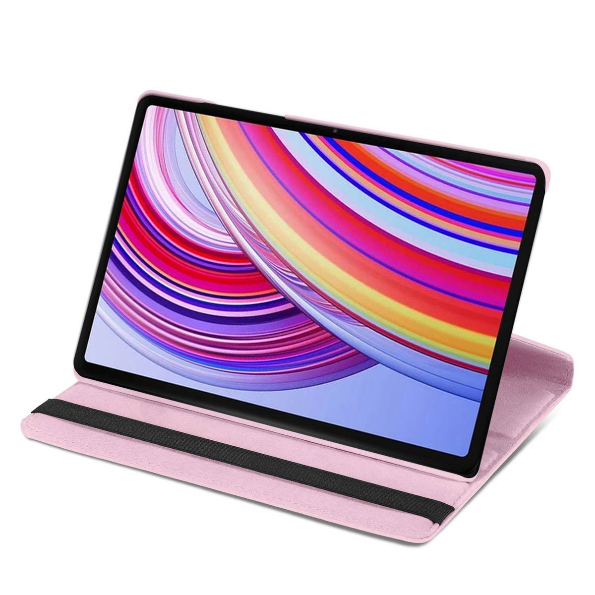 Roze tablet open in roze hoes, scherm toont kleurrijke abstracte afbeelding.