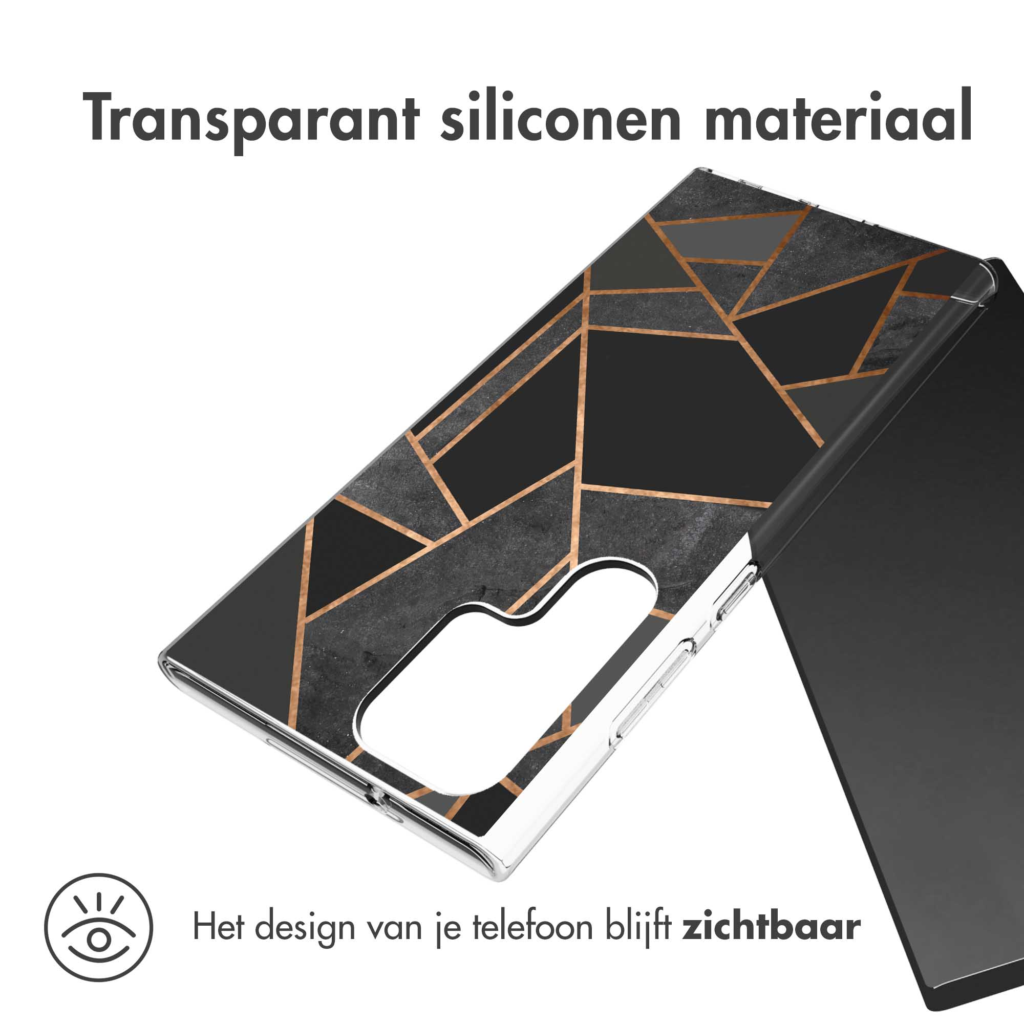 Handyhülle, transparent mit schwarzem und goldenem geometrischem Design.