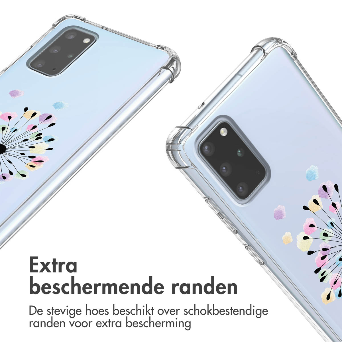Coque de téléphone transparente avec motif floral, gros plan de deux coques, texte: 'Bords protecteurs extra'.