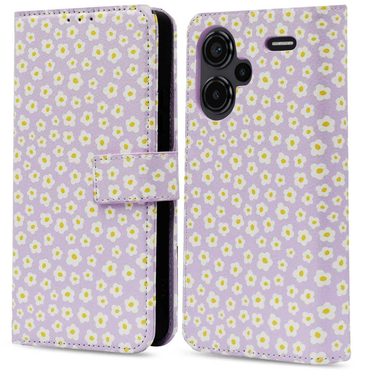 Lavendel bloemen telefoonhoesje, open en dicht, de telefoon tonend.