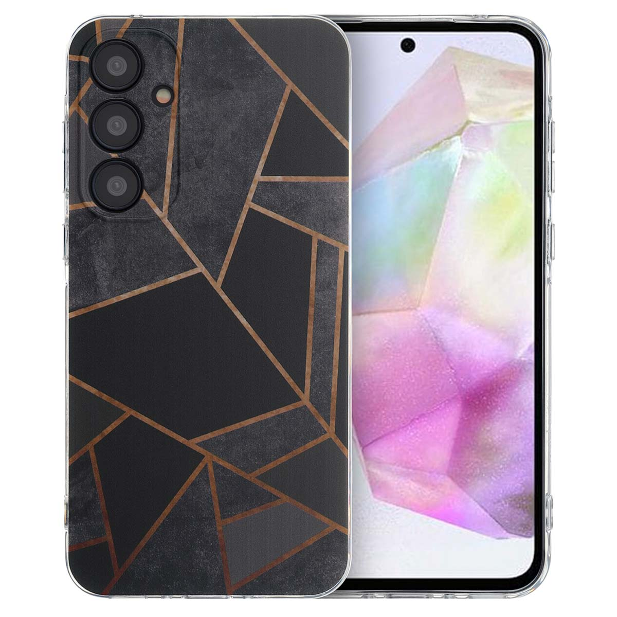 Telefoonhoesje met een zwart en goud geometrisch patroon.