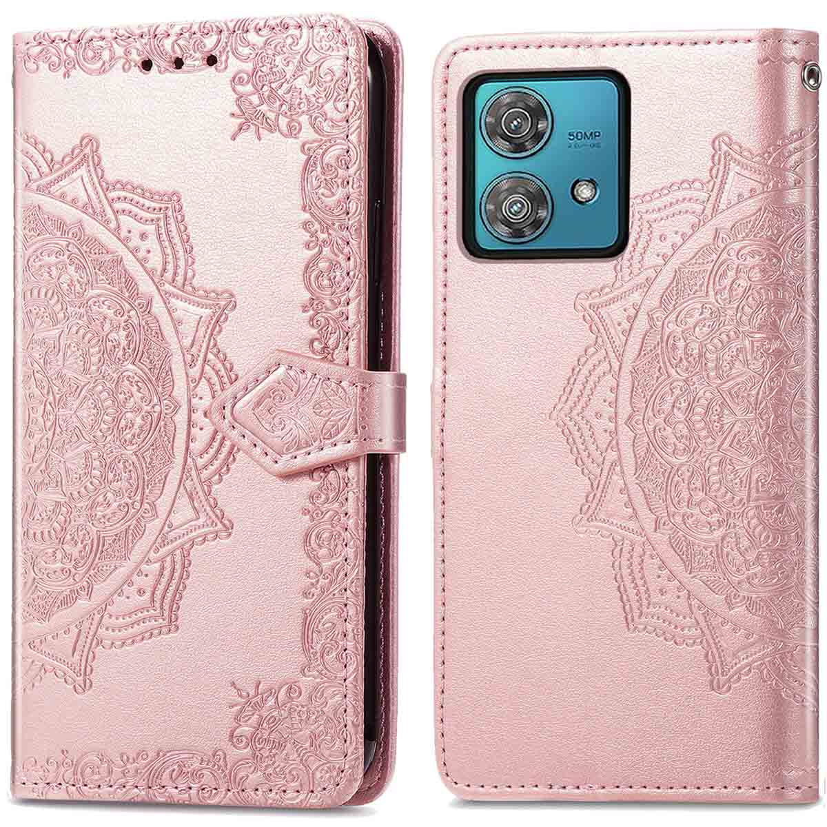 Une coque de téléphone rose avec un motif de mandala. L'étui est fermé et ouvert, montrant le téléphone.