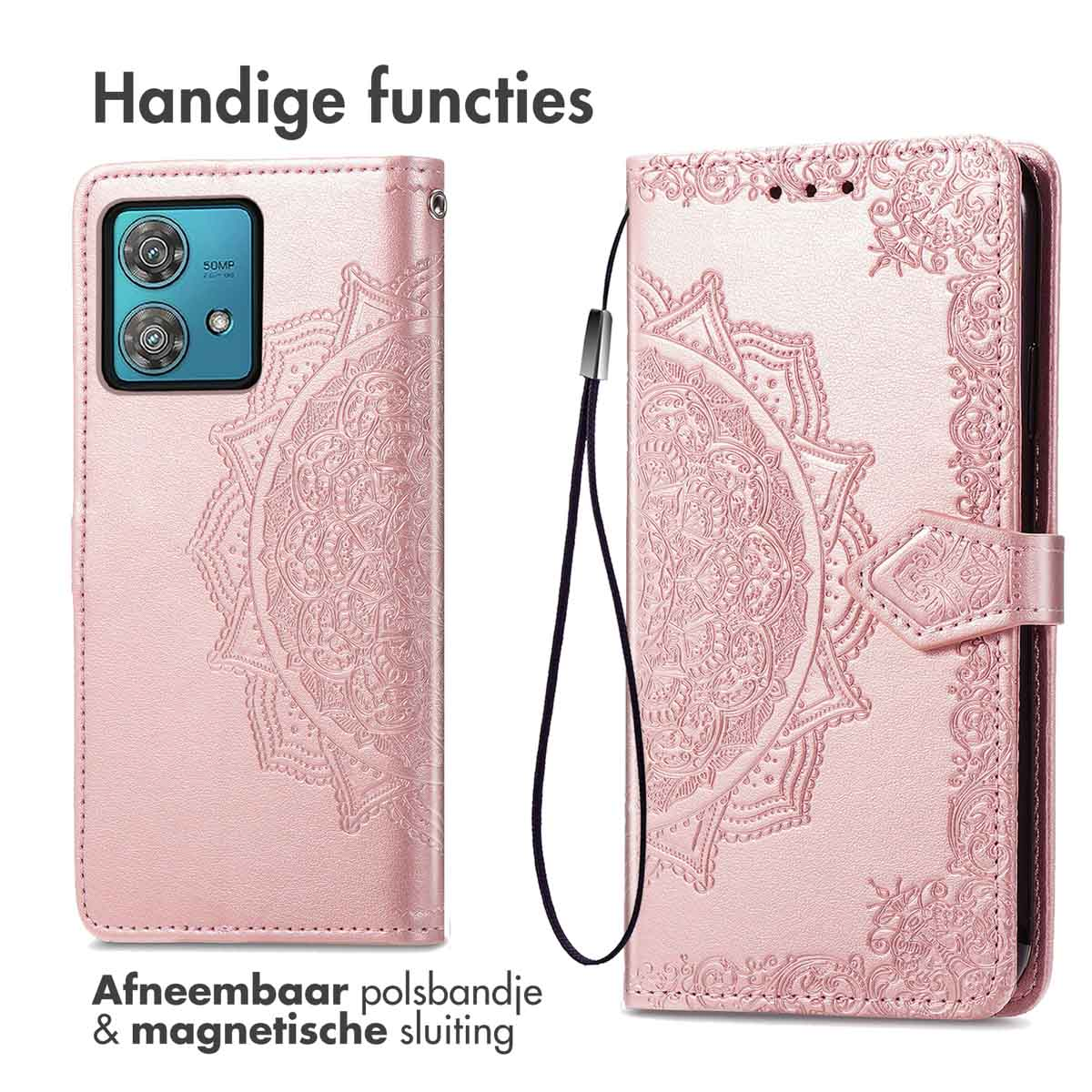 Coque de téléphone rose avec un motif mandala, ouverte pour montrer un téléphone.