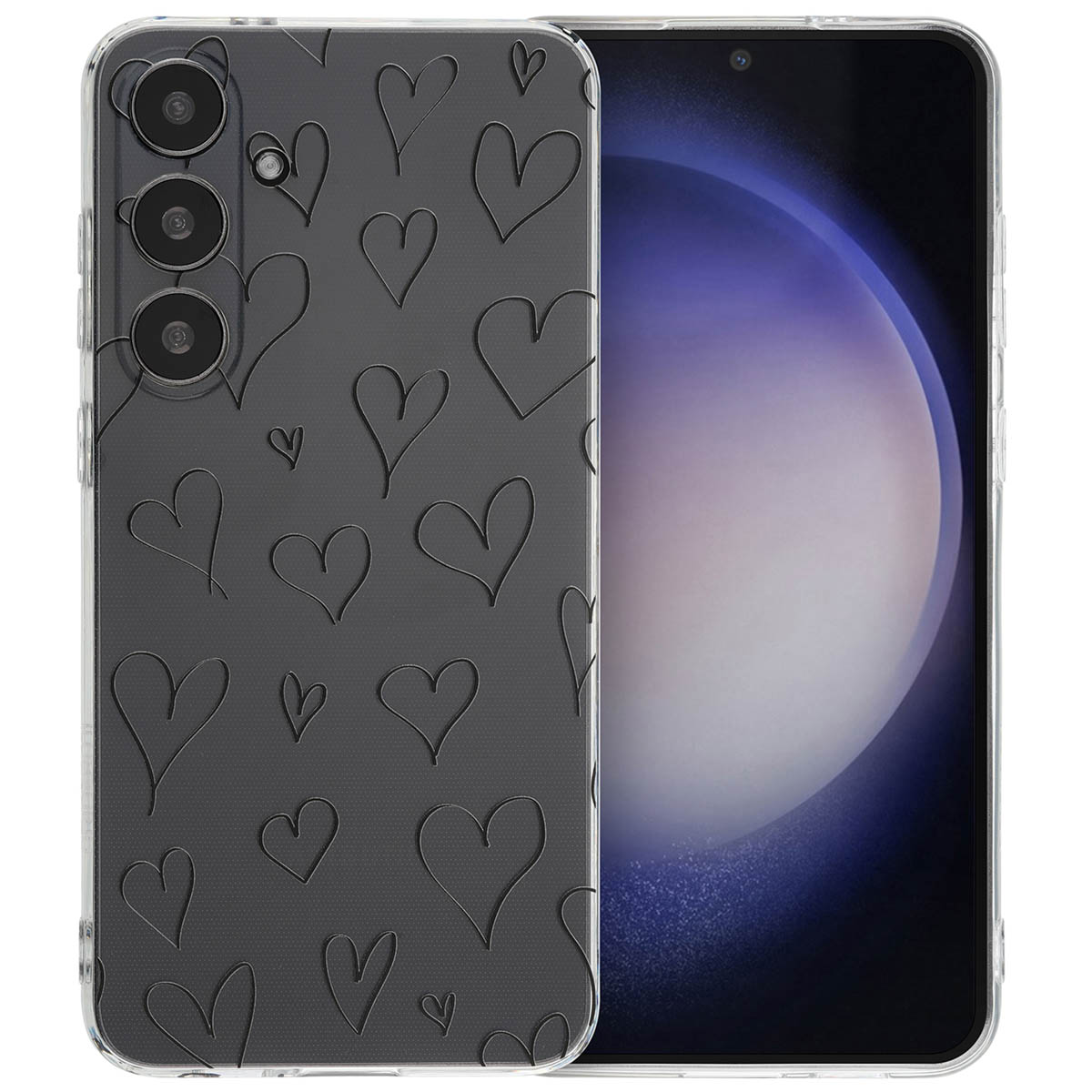 Téléphone avec étui transparent à motif de cœur. Le téléphone a un écran noir.
