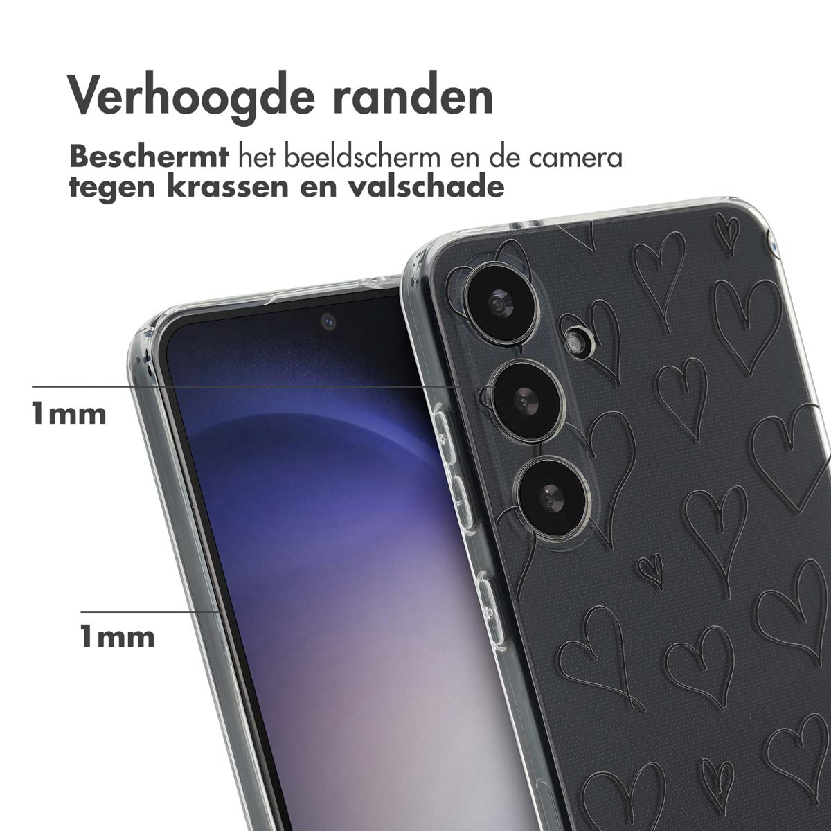 Coque de téléphone transparente avec motif de coeurs noirs. Les caractéristiques de protection sont mises en évidence.