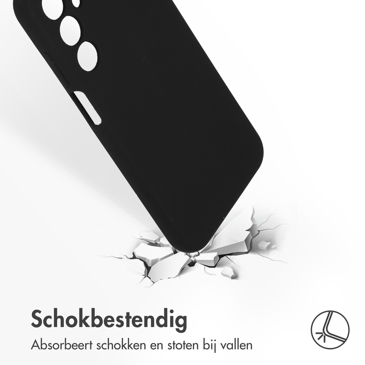 Zwarte telefoonhoes valt. Grond is gebarsten. Tekst: Schokbestendig. Absorbeert schokken en impact bij vallen.