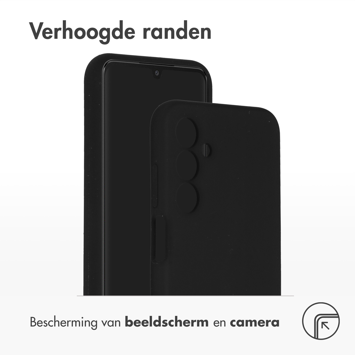 Zwarte telefoon in zwarte hoes, zijaanzicht, verhoogde randen, tekst: 'Bescherming van scherm en camera'.