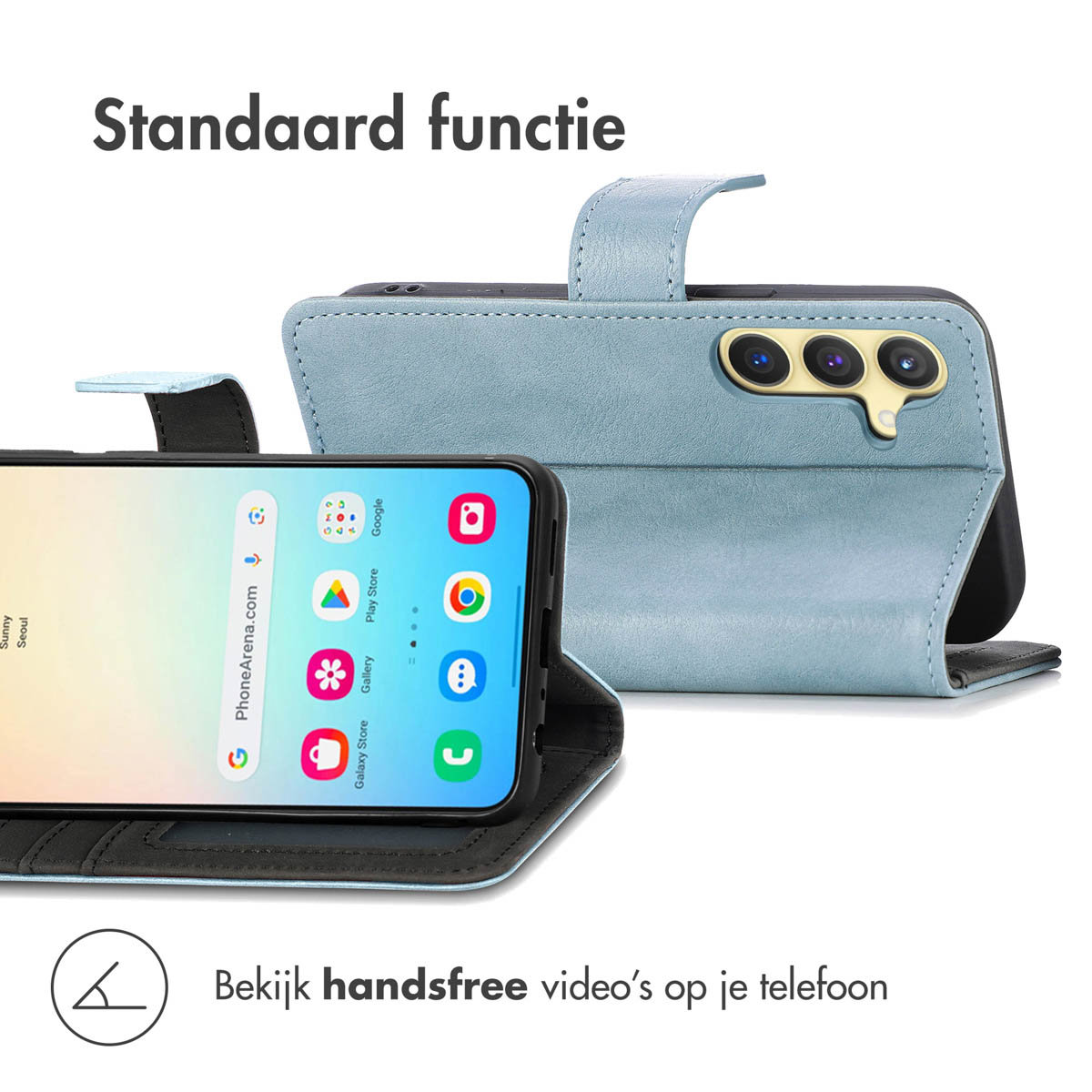 Blauwe telefoonhoes met een telefoon, open. Maakt handsfree video bekijken mogelijk.