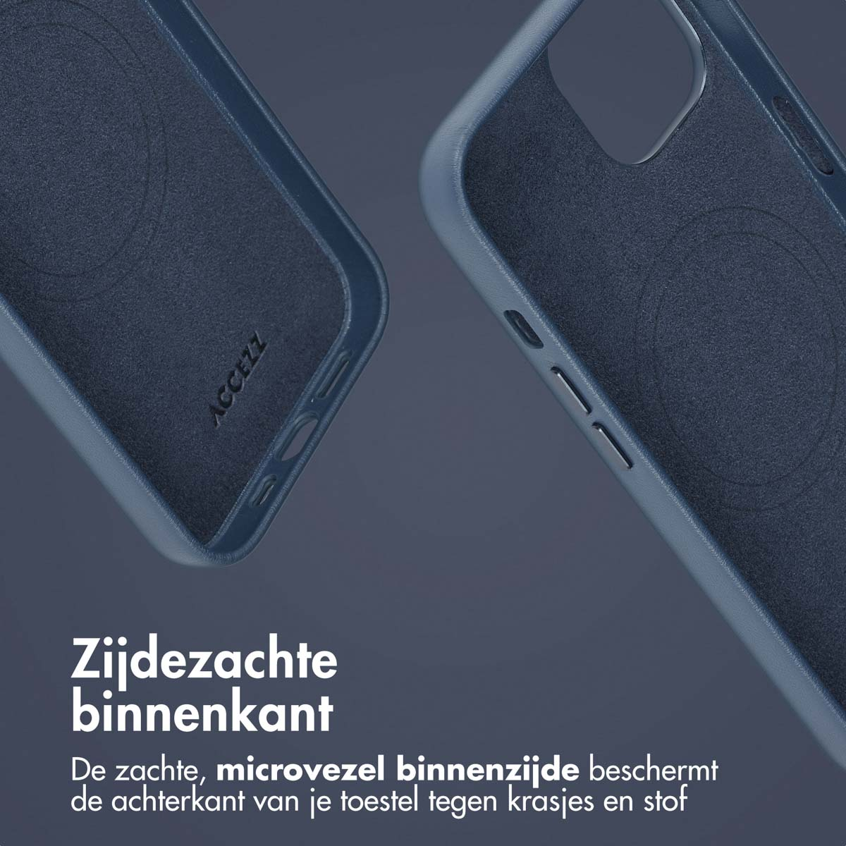 Blauwe telefoonhoes binnenkant die de binnenvoering laat zien. De hoes heeft een zachte microvezel binnenkant.
