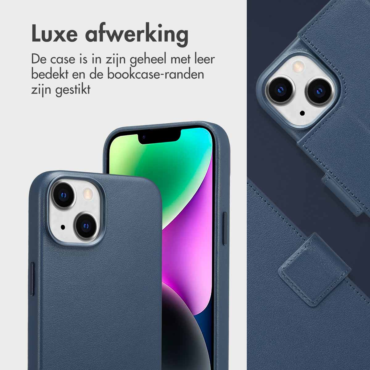 Blauw telefoonhoesje. Tekst: Luxe afwerking.