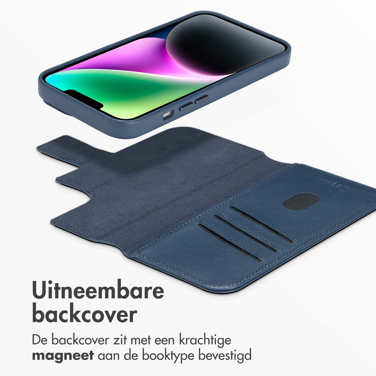 Blauwe telefoonhoes, afneembare achterkant, met sleuven voor kaarten. Tekst: 'Afneembare achterkant'.