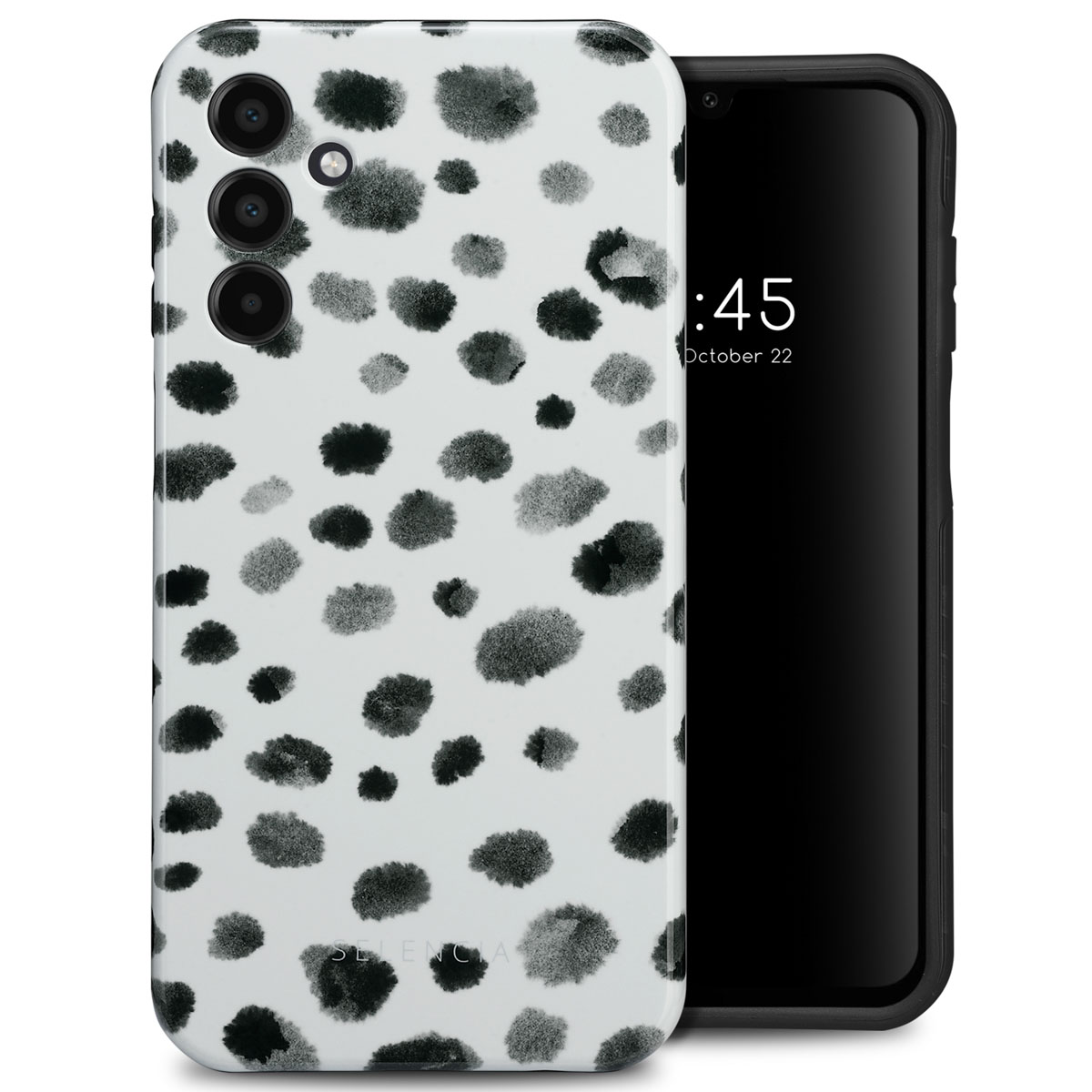 Witte telefoonhoes met zwarte vlekken, op een telefoon die de tijd weergeeft.