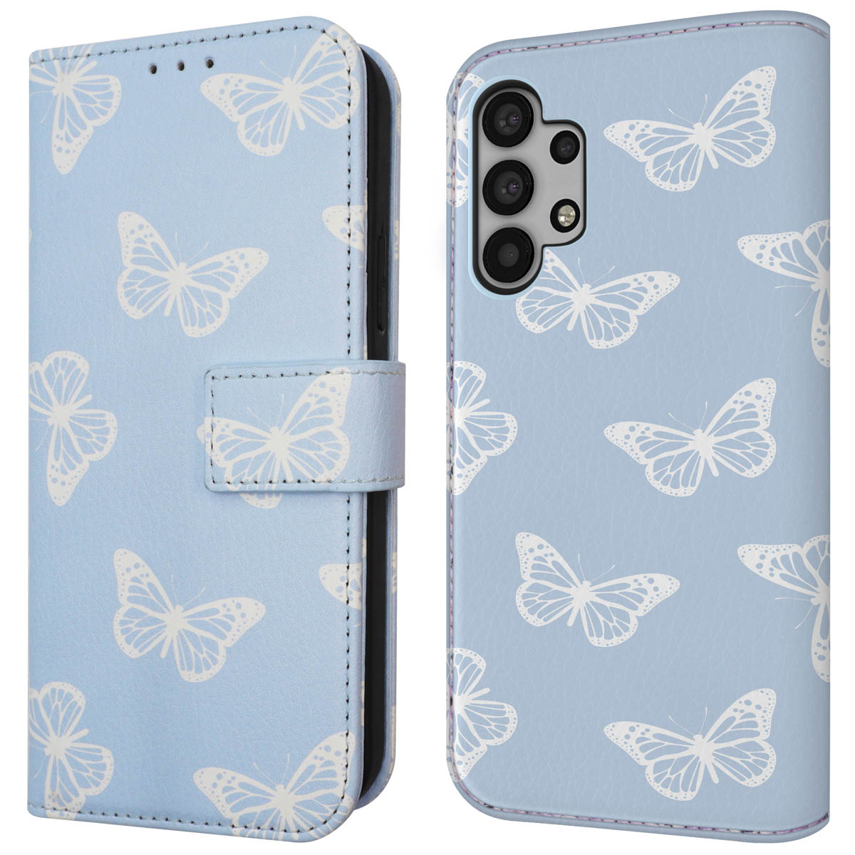Blauw telefoonhoesje met witte vlinders. Tekst: Luxe afwerking.