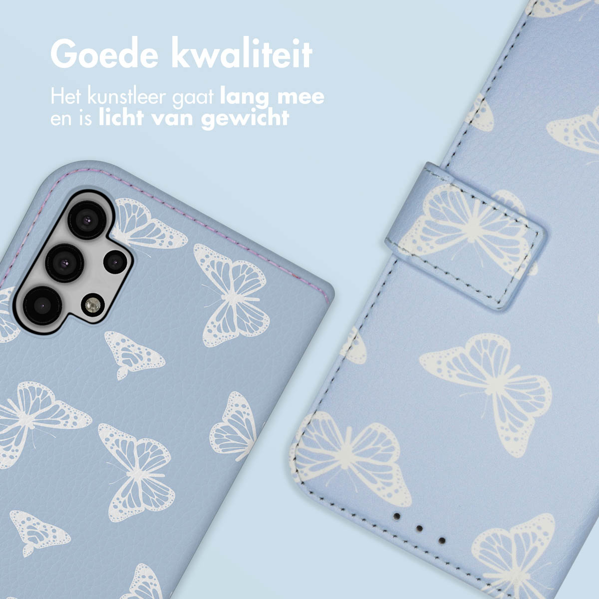 Telefoonhoesje met een blauw vlinderpatroon, naast een telefoon met de hoes open.