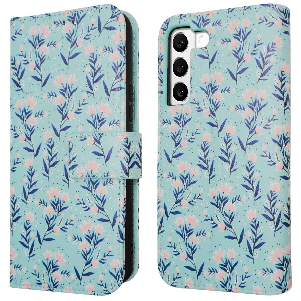 Coque de téléphone : motif floral bleu clair. Ouverte, montrant le téléphone et l'intérieur. Le téléphone est dans une coque.