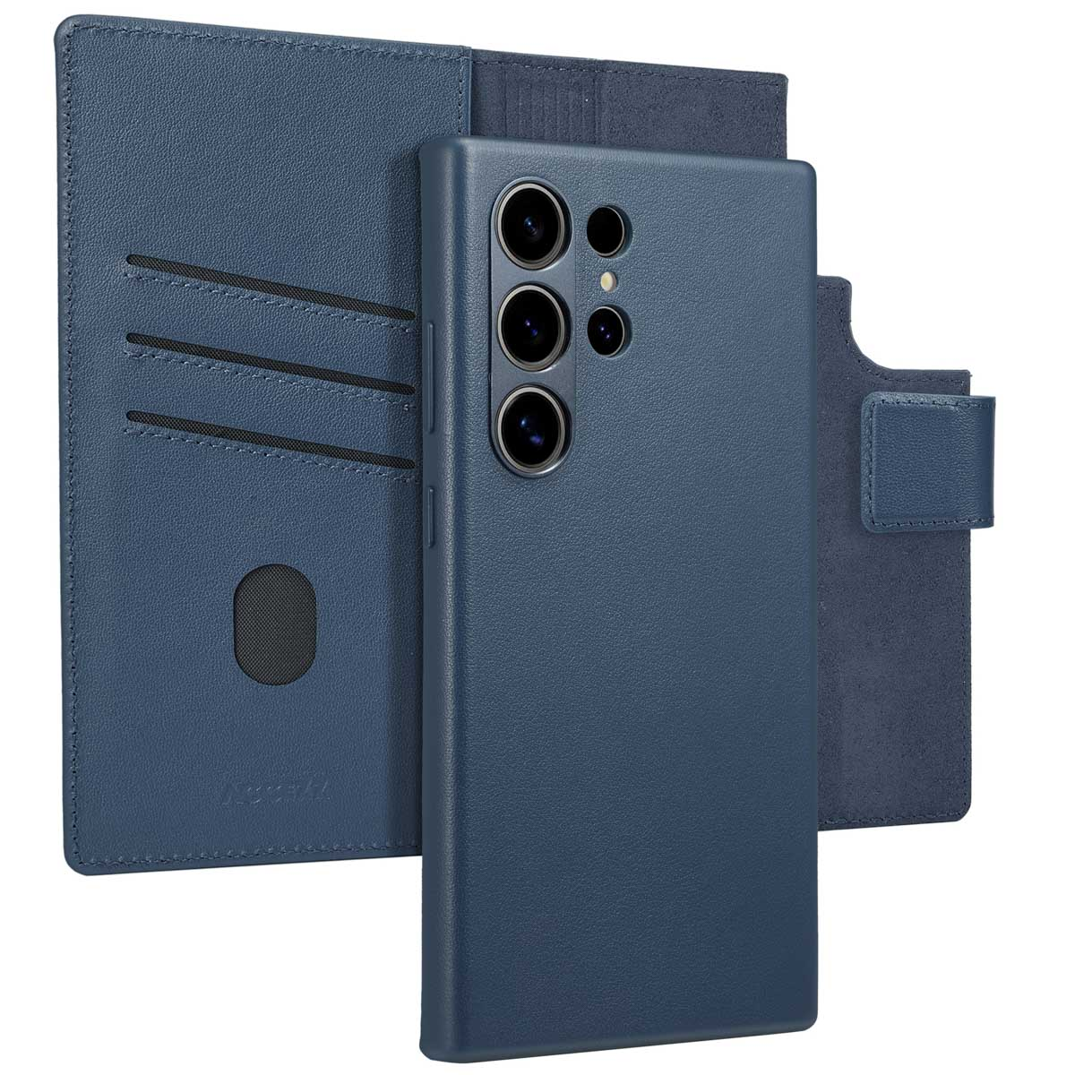 Donkerblauwe telefoonhoes met een portemonnee. De telefoon zit in de hoes.