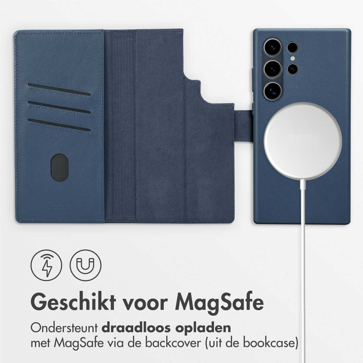 Blauw telefoonhoesje met een witte cirkel en een telefoon. Tekst over MagSafe-ondersteuning.