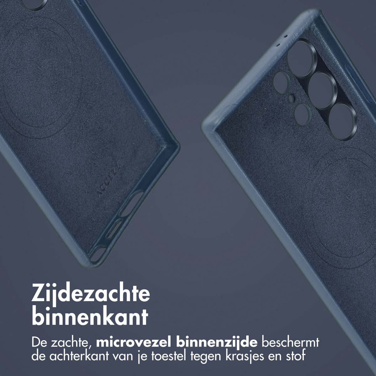 Blauwe telefoonhoes open, met zachte binnenkant. Tekst: 'Zachte binnenkant'.