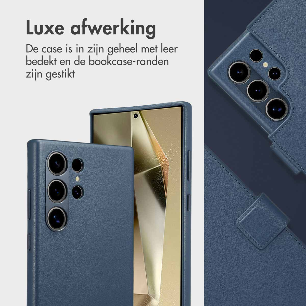 Blauw telefoonhoesje met telefoon erin, de camera zichtbaar.