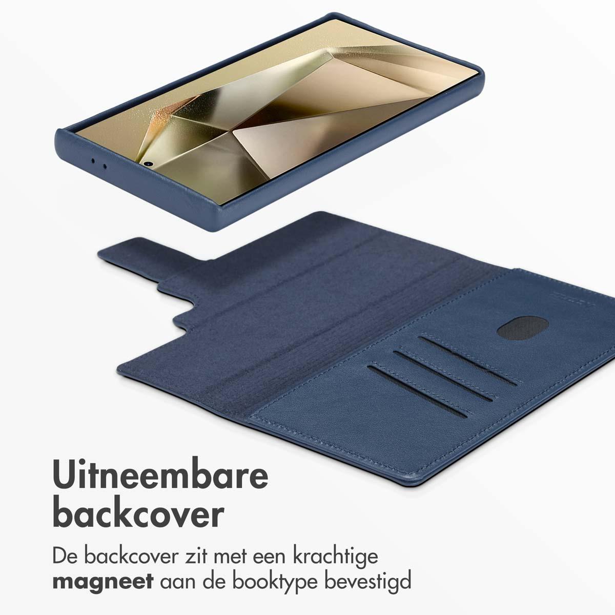Een blauwe telefoonhoes met een afneembare achterkant. De telefoon is goudkleurig.