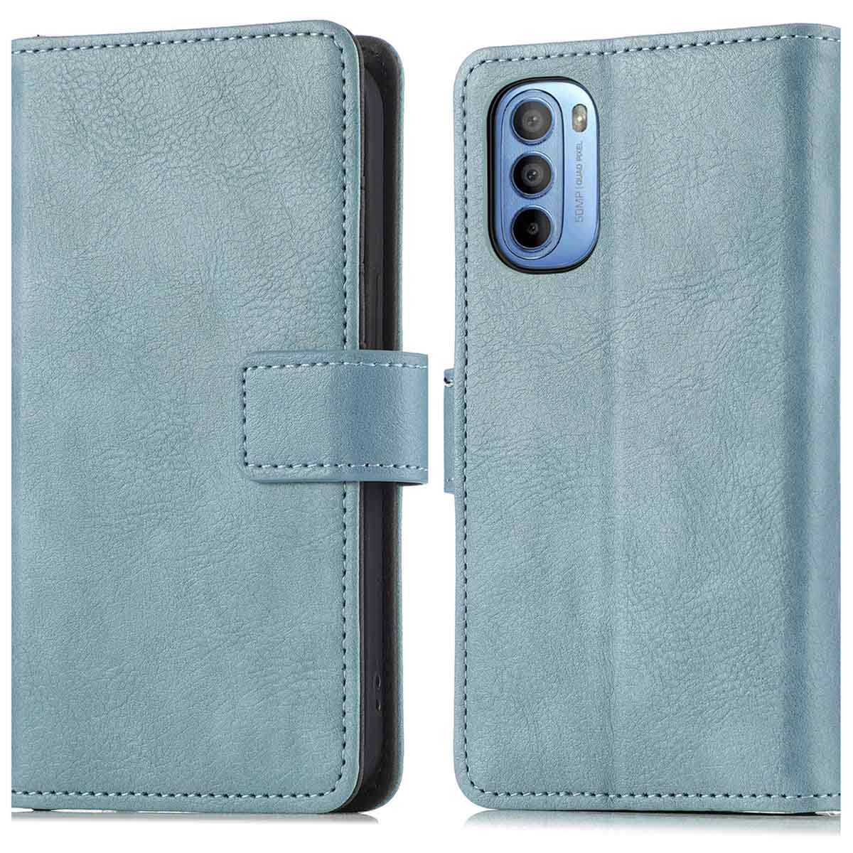Coque de téléphone bleu clair, ouverte. Le côté gauche est fermé, le droit a un téléphone.