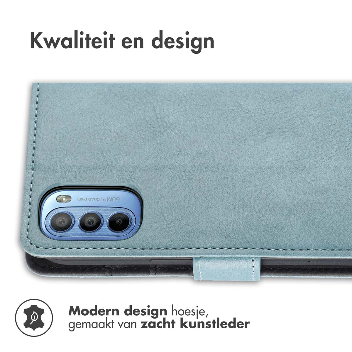 Coque de téléphone bleue. Texte: Design moderne, fabriqué en cuir synthétique souple.