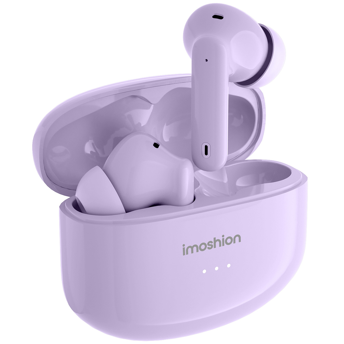 A pair of purple wireless earbuds in their charging case. The case is open.