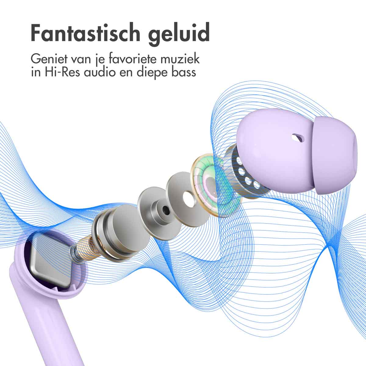 Earbuds with a cutaway view showing the components. Background has blue sound waves.