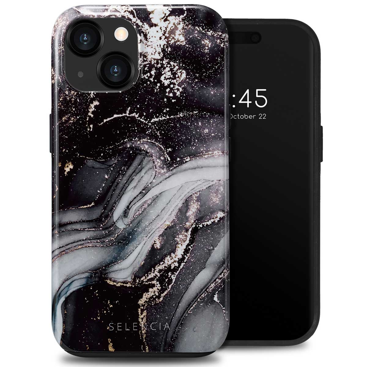 Téléphone avec coque en marbre noir et blanc. L'heure est 4h45. 22 octobre.