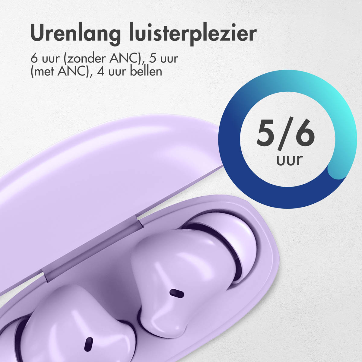 Purple earbuds in a matching case. A diagram shows 5/6 hours of battery life.