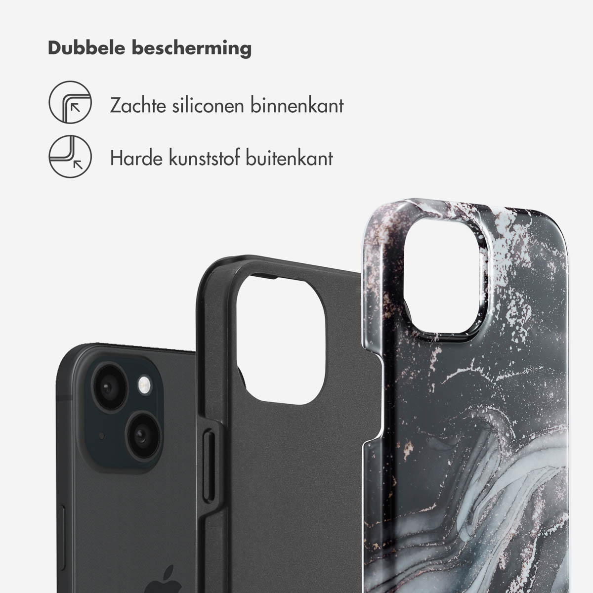 Coques de téléphone. Une noire, une avec une texture marbrée. Texte : 'Dubbele bescherming.'