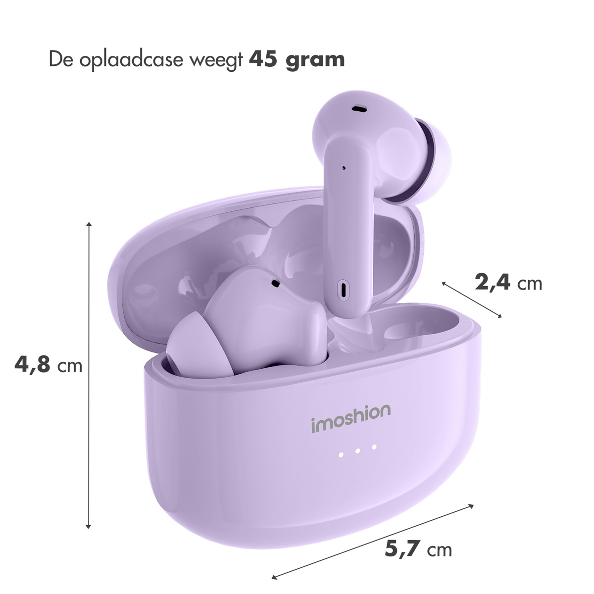 Purple earbuds and charging case, with dimensions shown in centimeters.