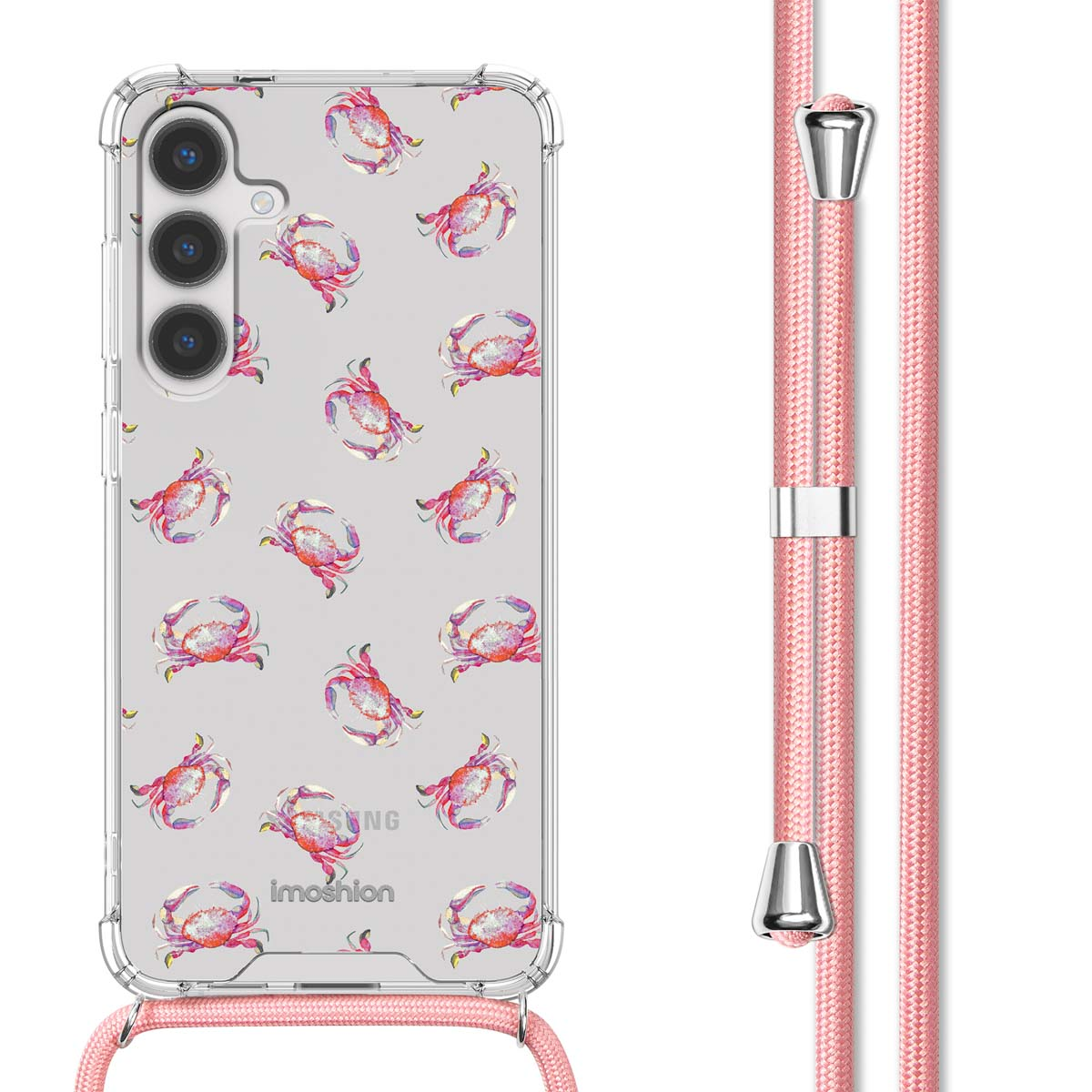 Coque de téléphone : transparente, motif crabe, cordon rose. Premier plan : coque. Fond : blanc.