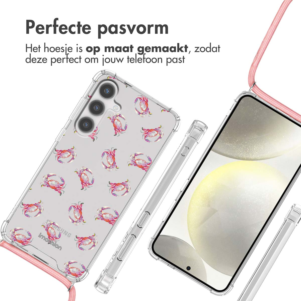 Coque de téléphone transparente avec un motif de crabes roses, avec téléphone et lanière.